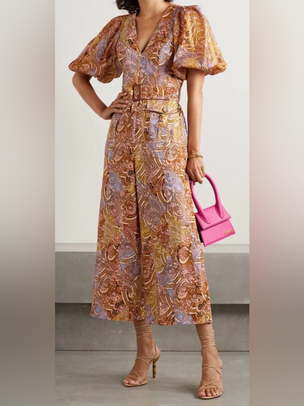 Zimmermann Linen Paisley Wide-Leg Jumpsuit in Brown and Lavender